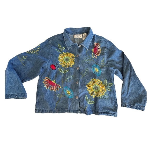 Tantrums Jackets & Blazers - Vintage 90s Embroidered Sunflower Ladybug Denim Jacket Size L Blue Cottagecore